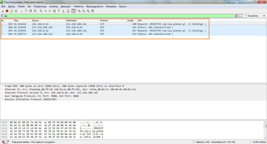 Przykładowy log w programie Wireshark, jeśli konto VoIP nie jest zarejestrowane z powodu wprowadzenia błędnego loginu lub hasła. Przykładowy log w programie Wireshark, jeśli konto VoIP nie jest zarejestrowane z powodu wprowadzenia błędnego loginu lub hasła.